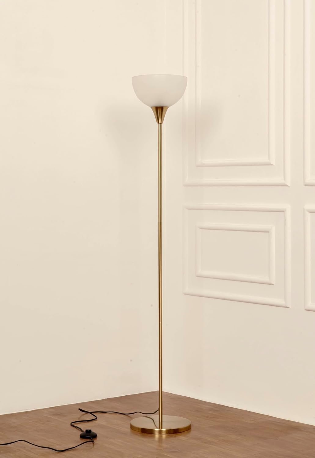 Uplighter Brass Antique Finish Floor Lamp for Living Room with Frosted Glass Lampshade