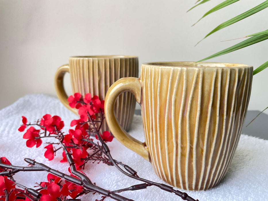 Amrilla Ceramic Textured Coffee Mugs Set Of 2 | Mustard Tea Cups For Gifting & Kitchen