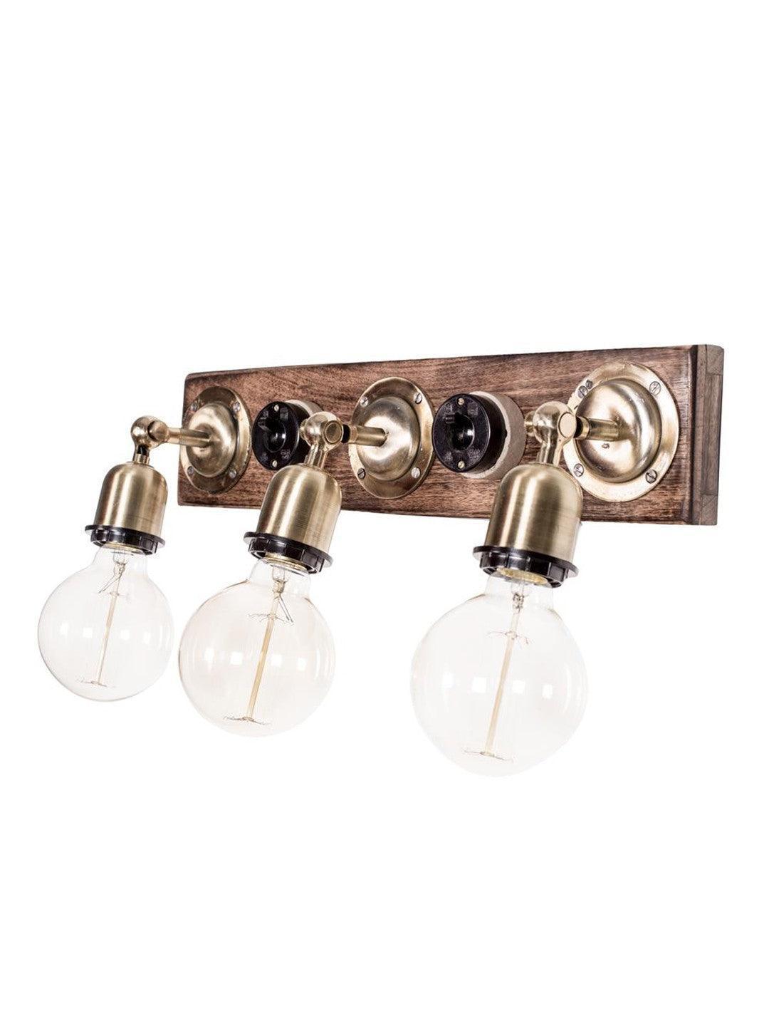 Brass and Wood Retro Switch Triple Vanity Wall Light With Bulb For Decor