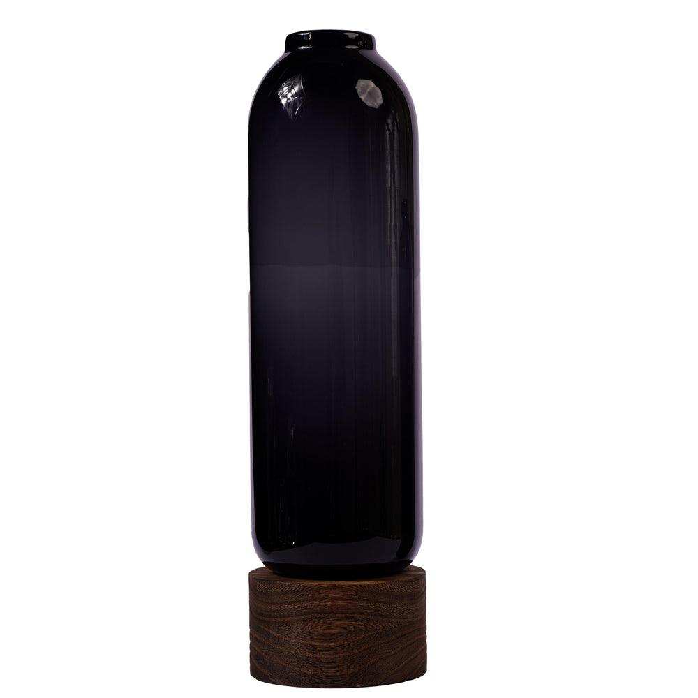 Saint Premium Flower Vase with Wooden Base | Elegant Black Glass Vase for Modern & Classic Décor