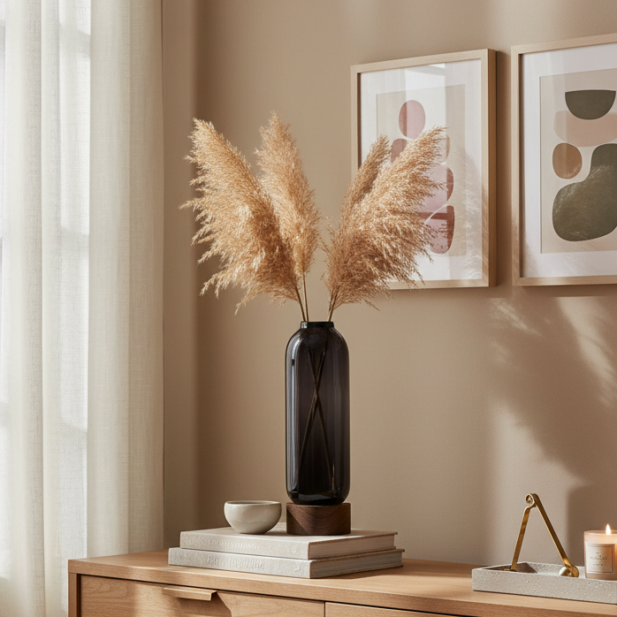 Saint Premium Flower Vase with Wooden Base | Elegant Black Glass Vase for Modern & Classic Décor