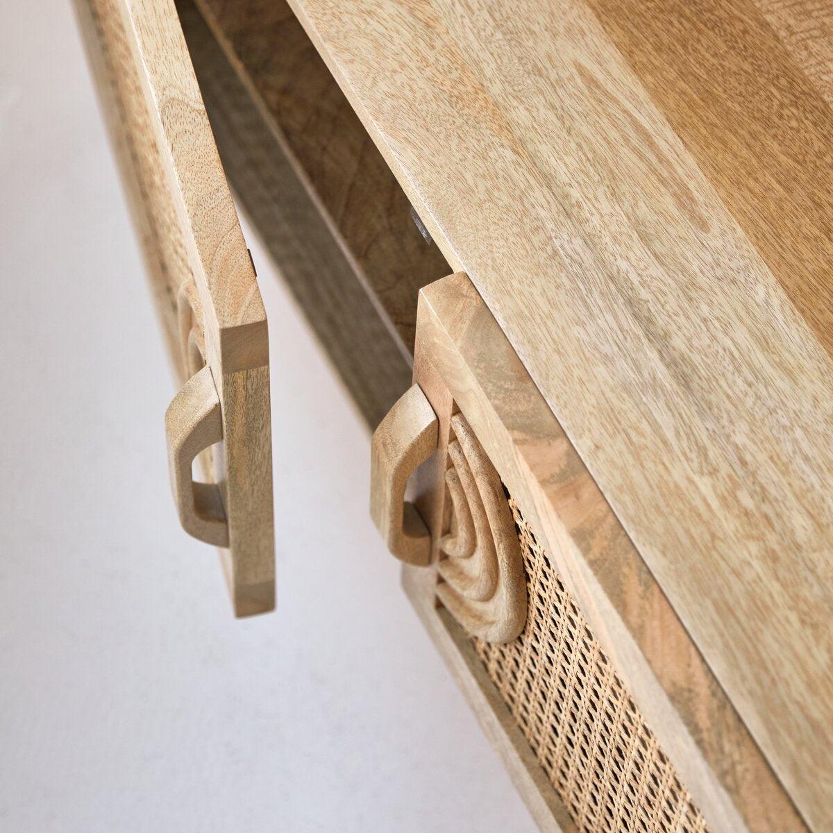 Ziggy Solid Mango Wood TV Unit with 2 Cane Doors | Natural Finish Modern Entertainment Console | TV Storage Cabinet