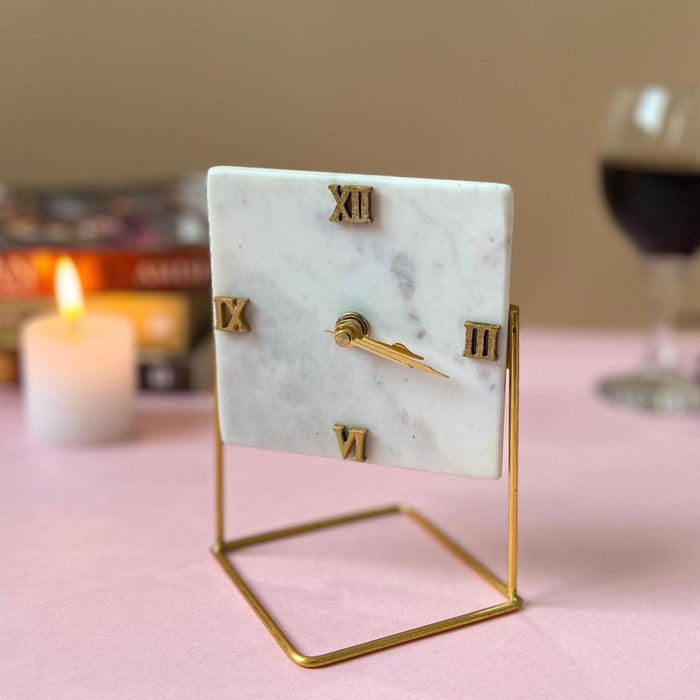 Diamond Marble Desktop Clock with Metal Stand | Showpiece Clock for Table