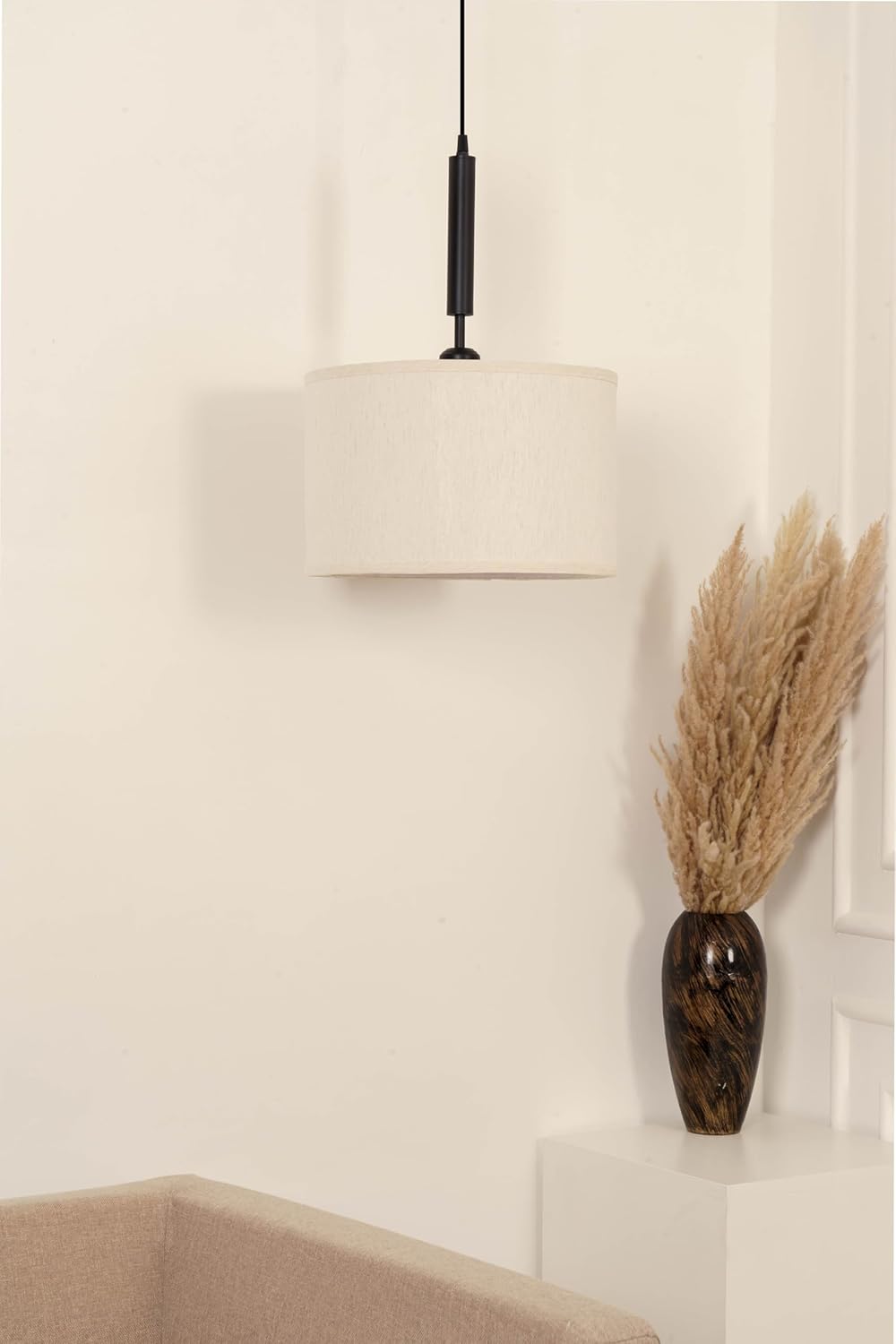 Brass Antique Cotton Fabric Lamp Shade 14" Diameter Hanging Lamps for Living Room, Bedroom, Restaurant, Cafe