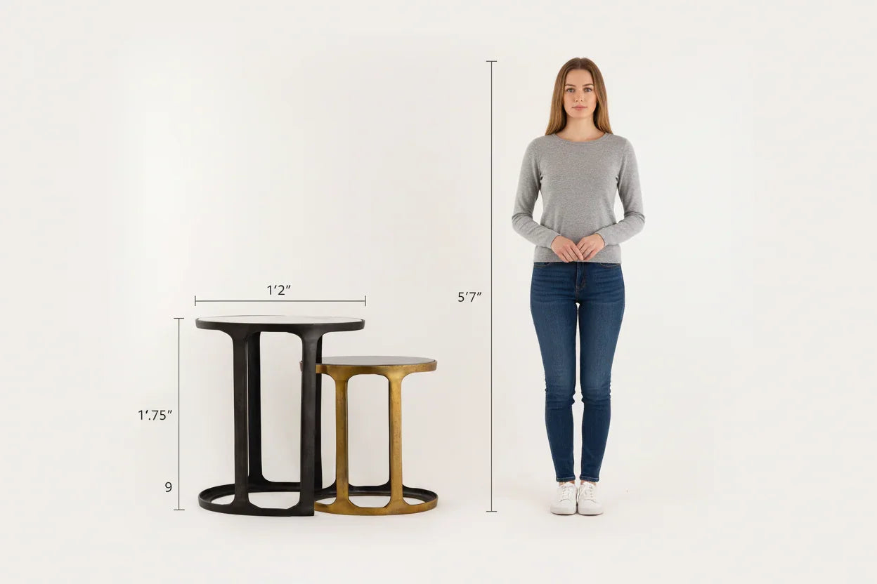 Anglo Nesting Tables Set of 2 | Modern Gold & Black Side Tables with Antique Finish
