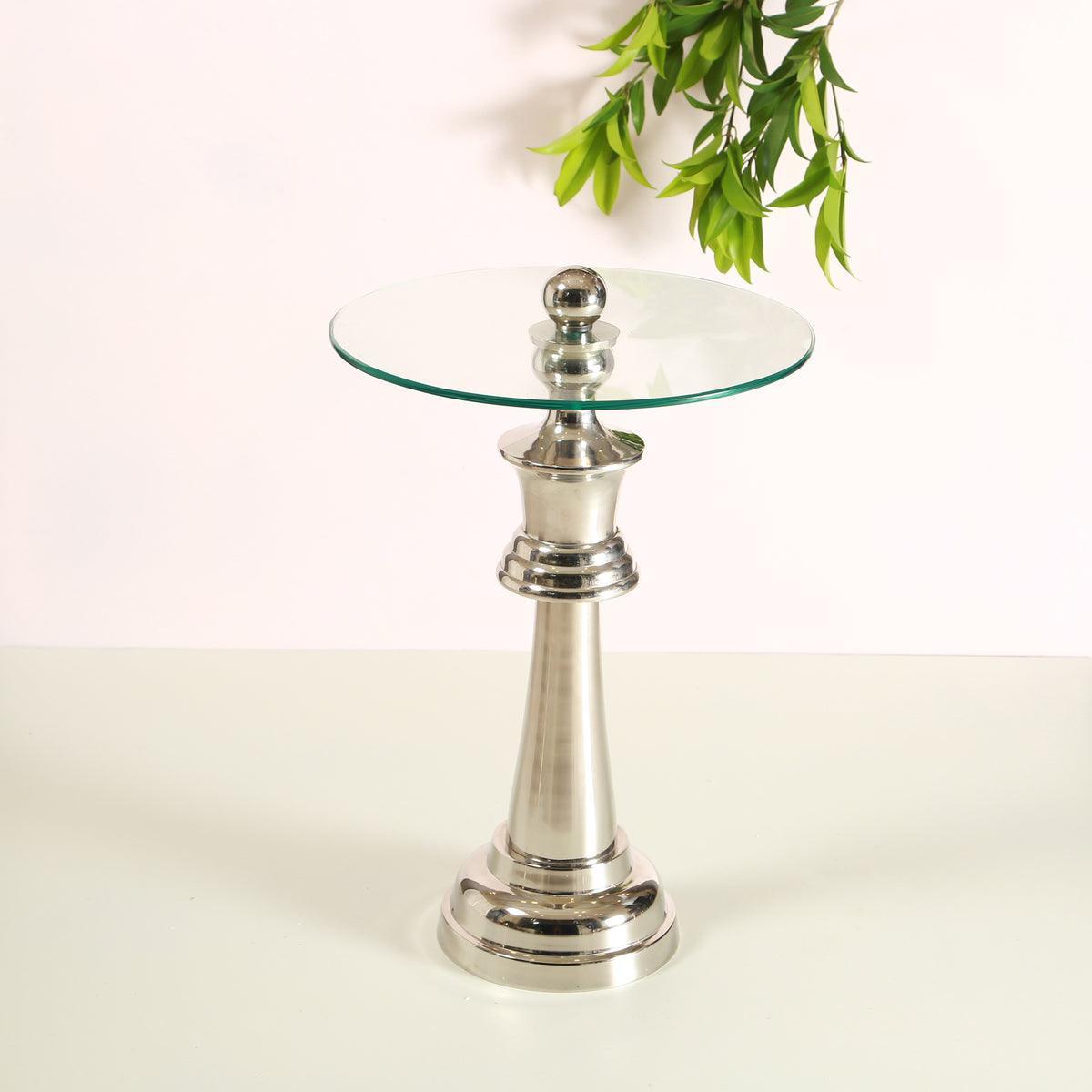Chess King Base Side Table with Glass Top | Designer Accent Table for Living Room | Tea Table | Decorative Corner Table