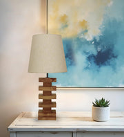 Libra Brown Wooden Table Lamp with White Fabric Lampshade