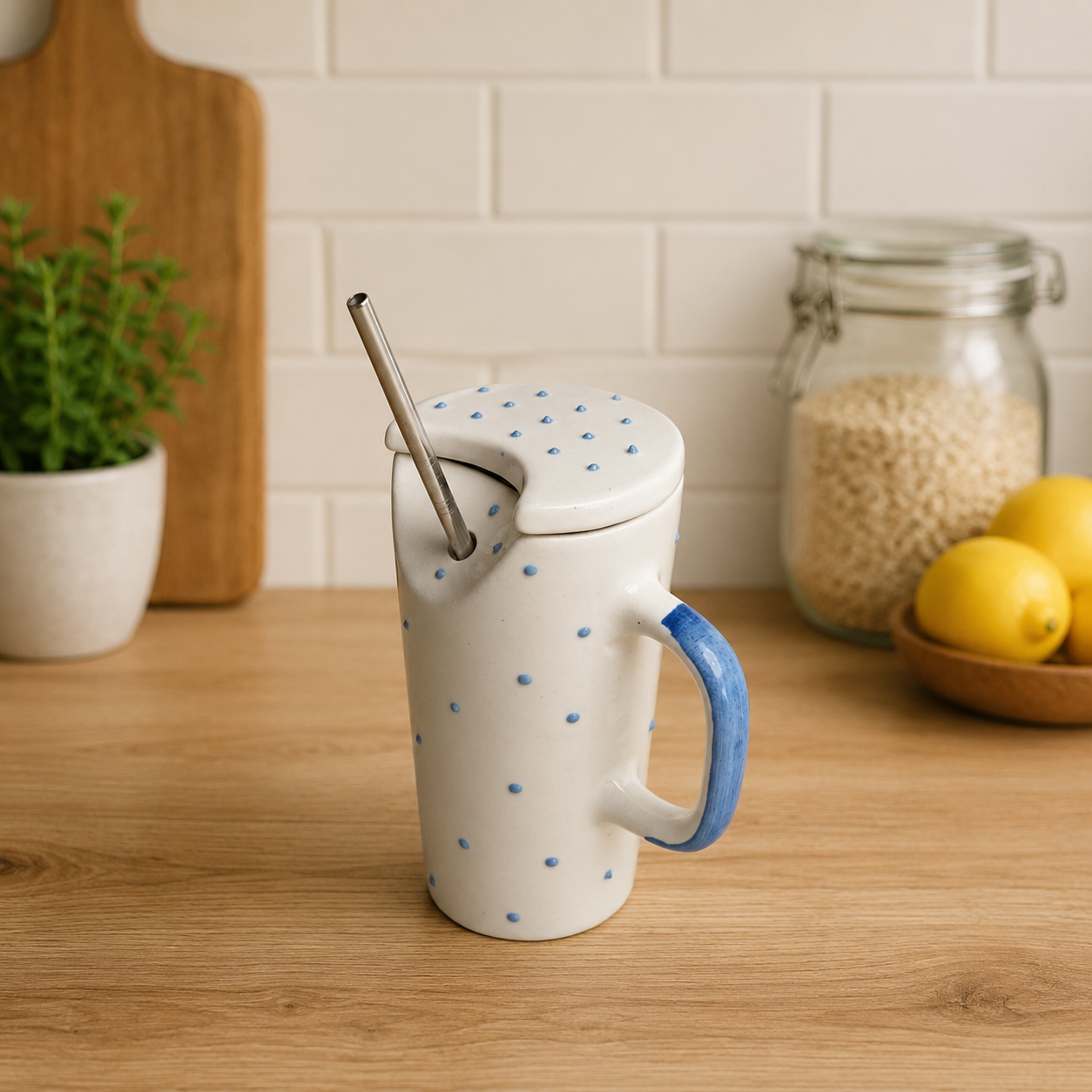 Azure Ceramic Sipper with Steel Straw