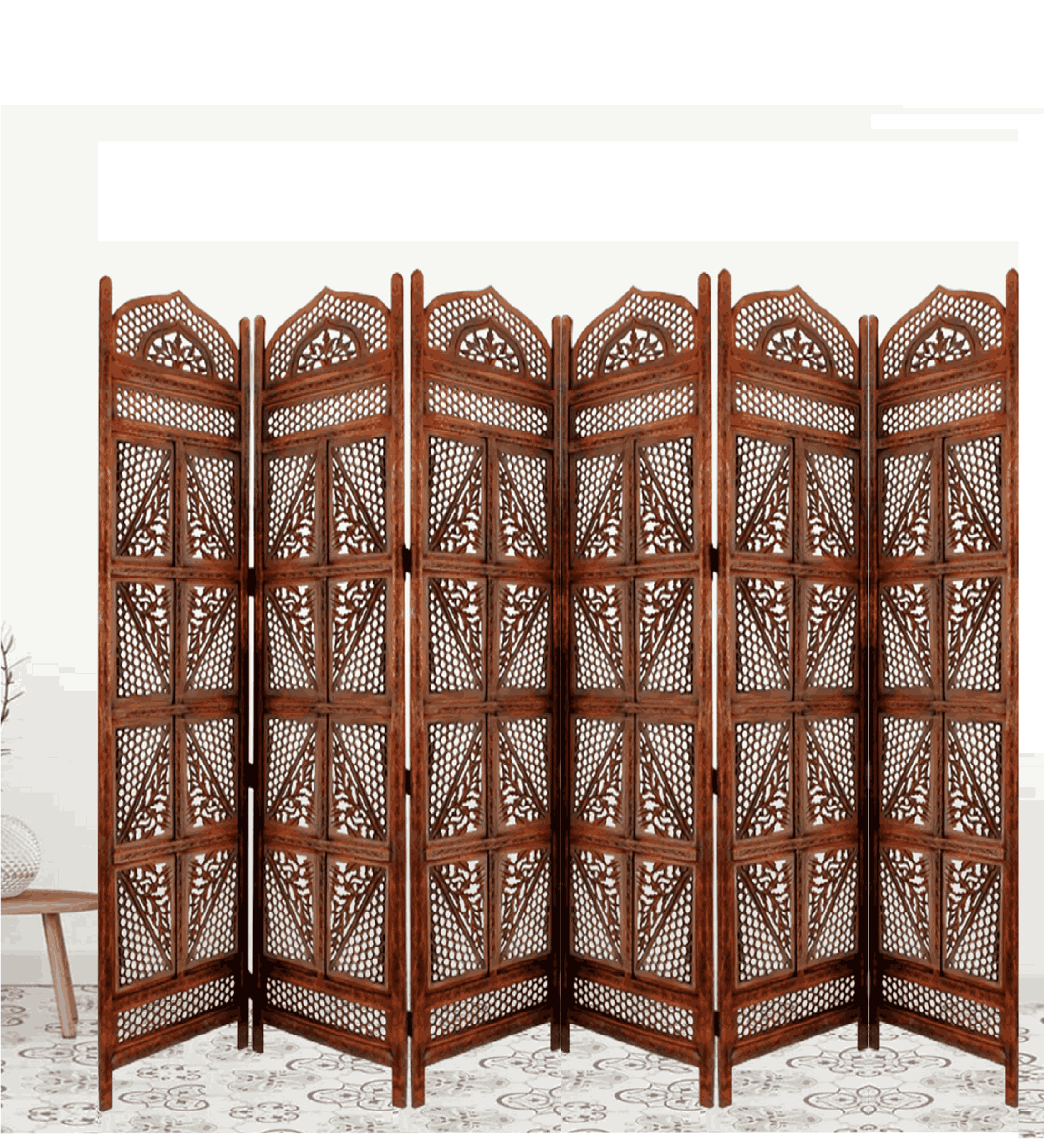 Mango Wood Folding Room Divider with Decorative MDF Jali