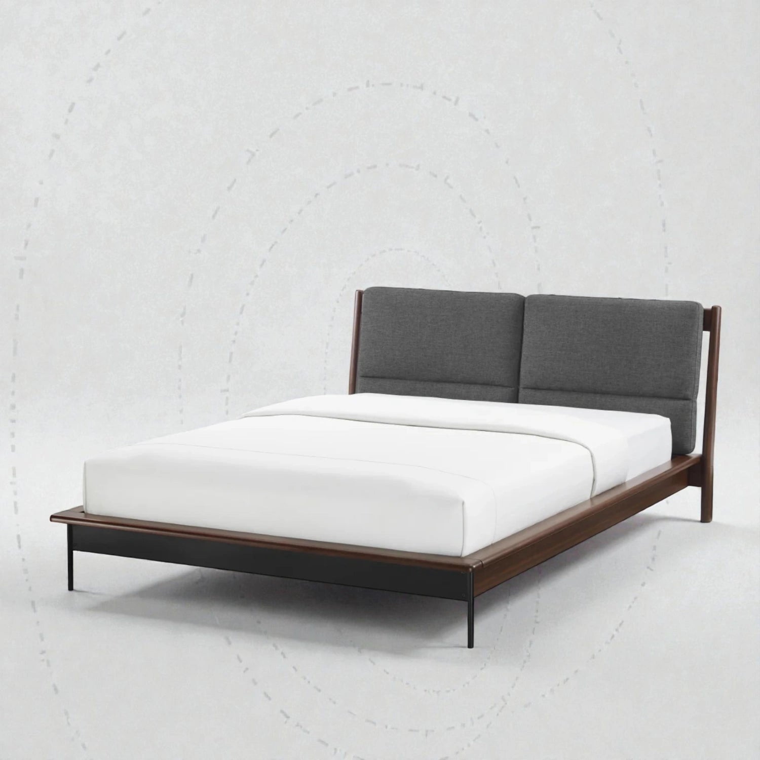 Bonny Solid Teak Wood, Fabric Upholstery And Black Metal Finish King Size Bed