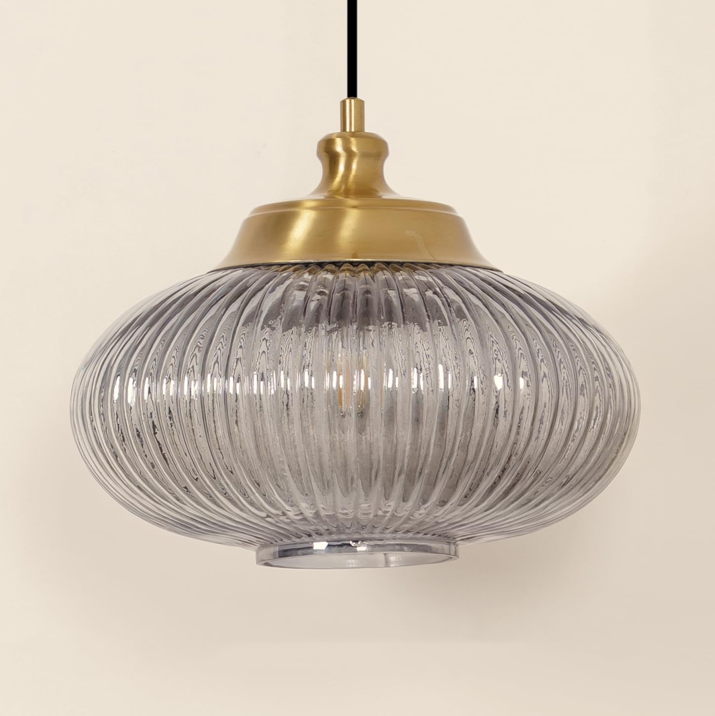 Ribbed Green Melon Glass Hanging Pendant Light Antique Brass Finish for Living Room, Bedroom, Home Decoration and Kitchen