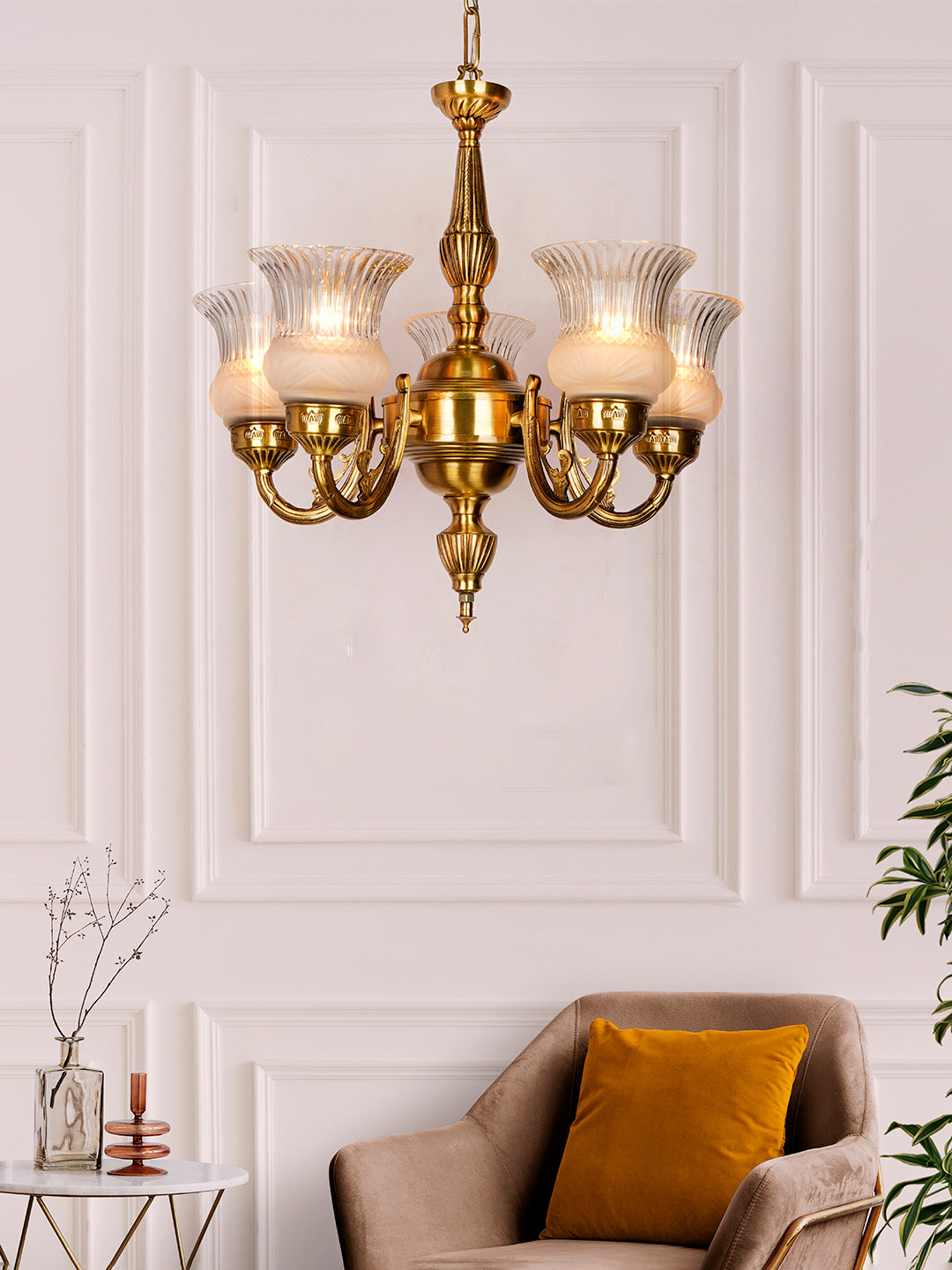 Usha 5 Light Antique Brass Chandelier