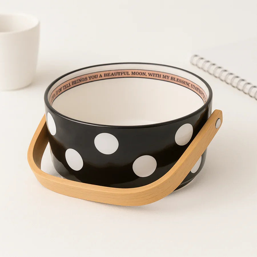 Polka Dot Ceramic Basket with Wooden Handle – Multipurpose Bowl for Snacks, Fruits & Décor