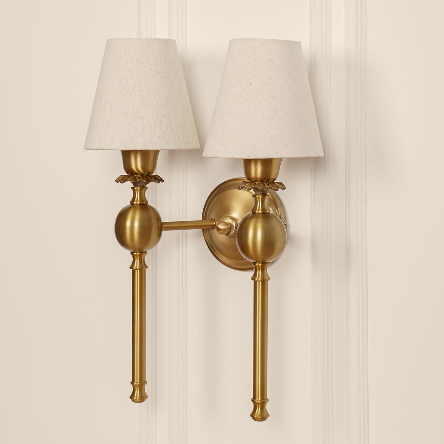 Double Ball Wall Lamp Antique Brass Finish with Off White Shade for Living Room, Bedroom and Home Decoration