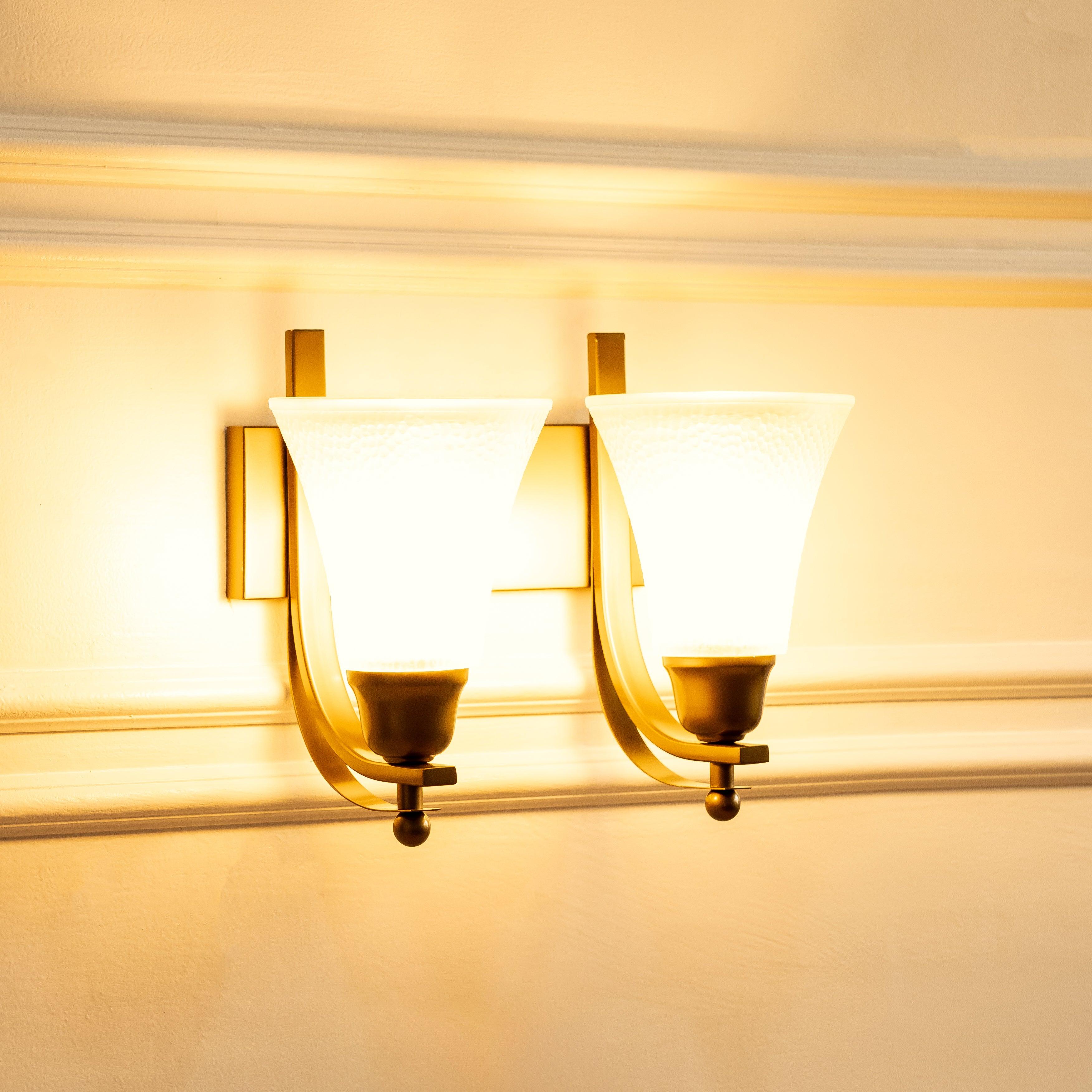 Brass Antique Finish Double Wall Lamp with Frosted Hammered Glass Shade | Bedroom Wall lights