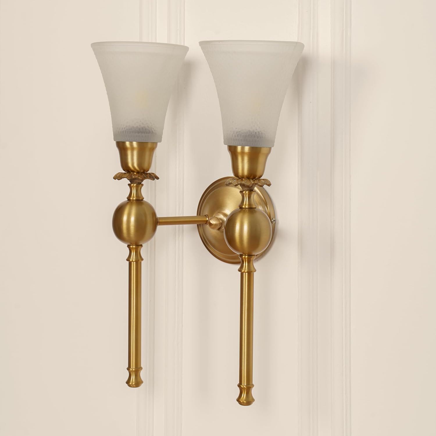 Double Ball Wall Lamp Antique Brass Finish with Frosted Hammered Glass Shade for Living Room, Bedroom and Home Decoration