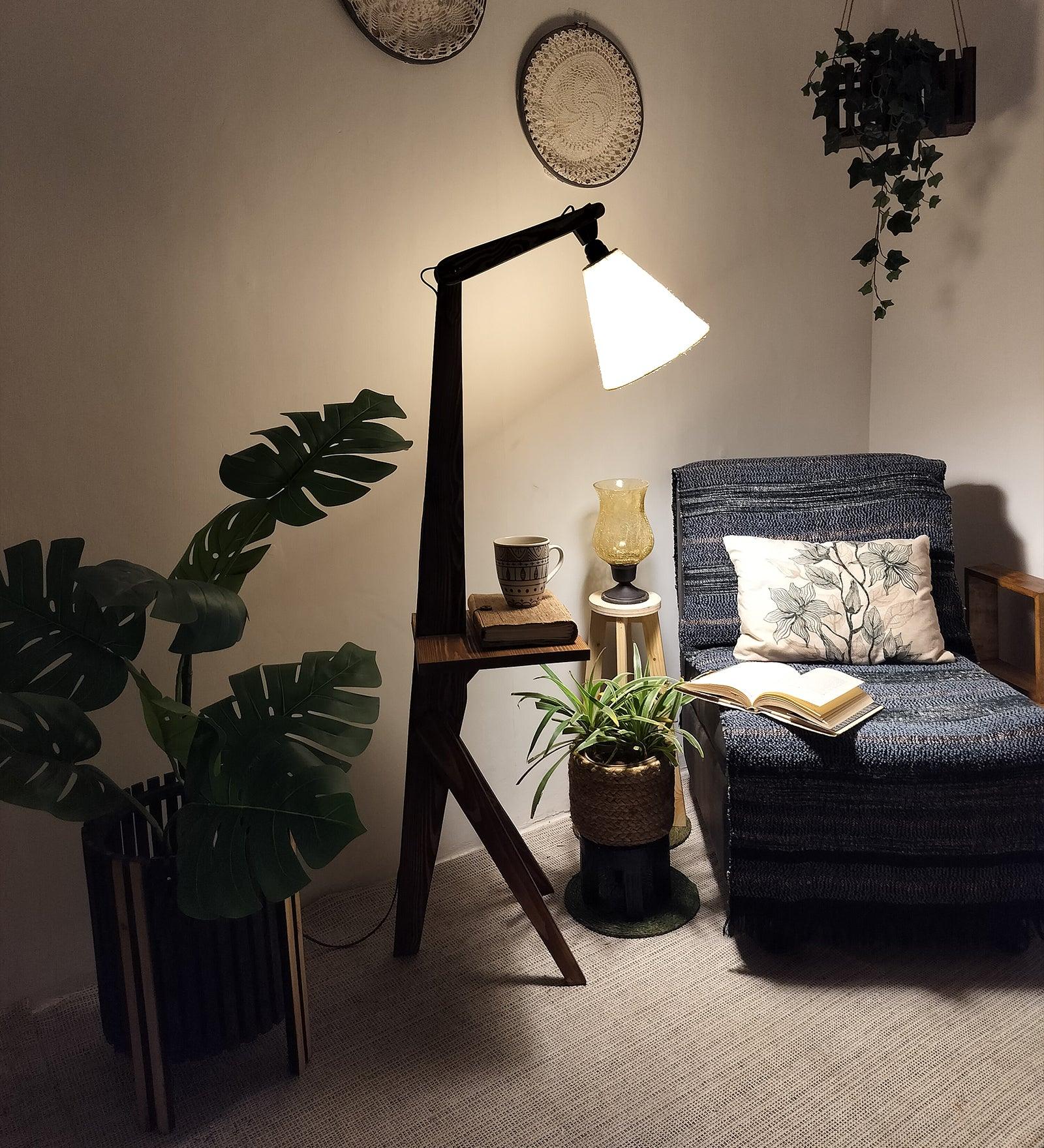 Hubert Wooden Floor Lamp with Brown Base and Jute Fabric Lampshade