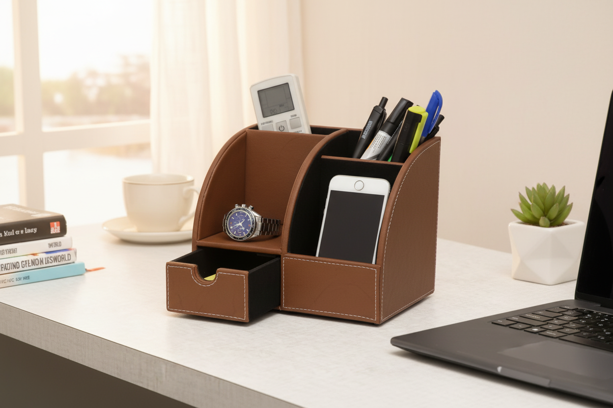Leather Desk Organizer | Multi-Function Office Desk Organizer | Pen Stand for Office Desk