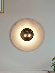 Orbig 11" Round White Marble Wall Sconce – Modern Backlit LED Fixture with Gold Accents