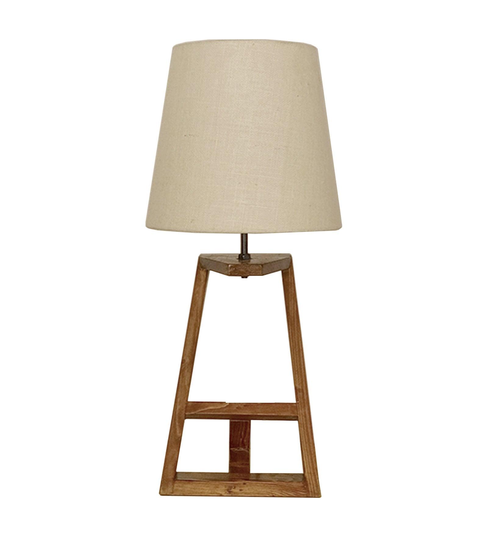 Angular Wooden Table Lamp with Brown Base and Premium White Fabric Lampshade