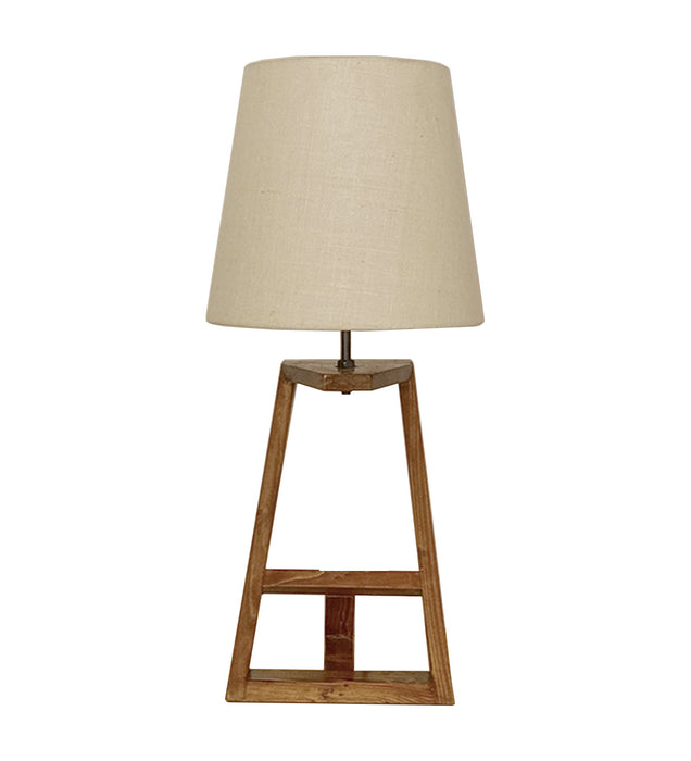 Angular Wooden Table Lamp with Brown Base and Premium White Fabric Lampshade