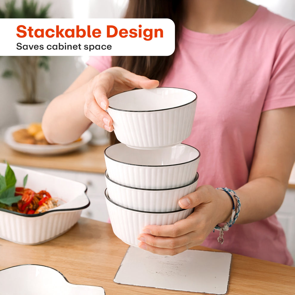 Cream Ceramic Bowl Set of 5, 580 ML Microwave & Dishwasher Safe Bowl for Serving Snacks, Dal, Rice, Noodles | Perfect for Daily Use, Gifting, Birthday, Anniversary