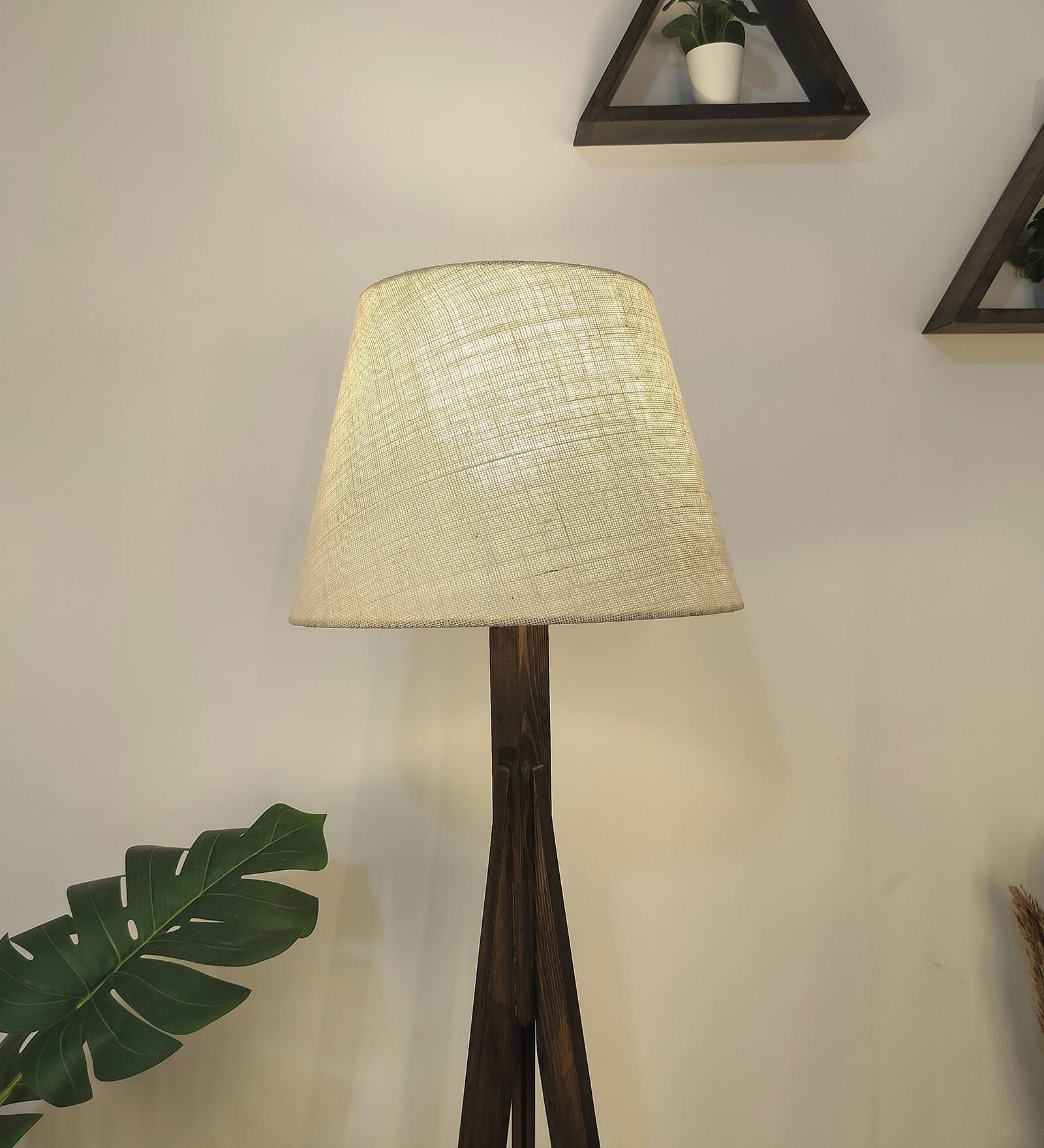 Triune Wooden Floor Lamp with Brown Base and Beige Fabric Lampshade