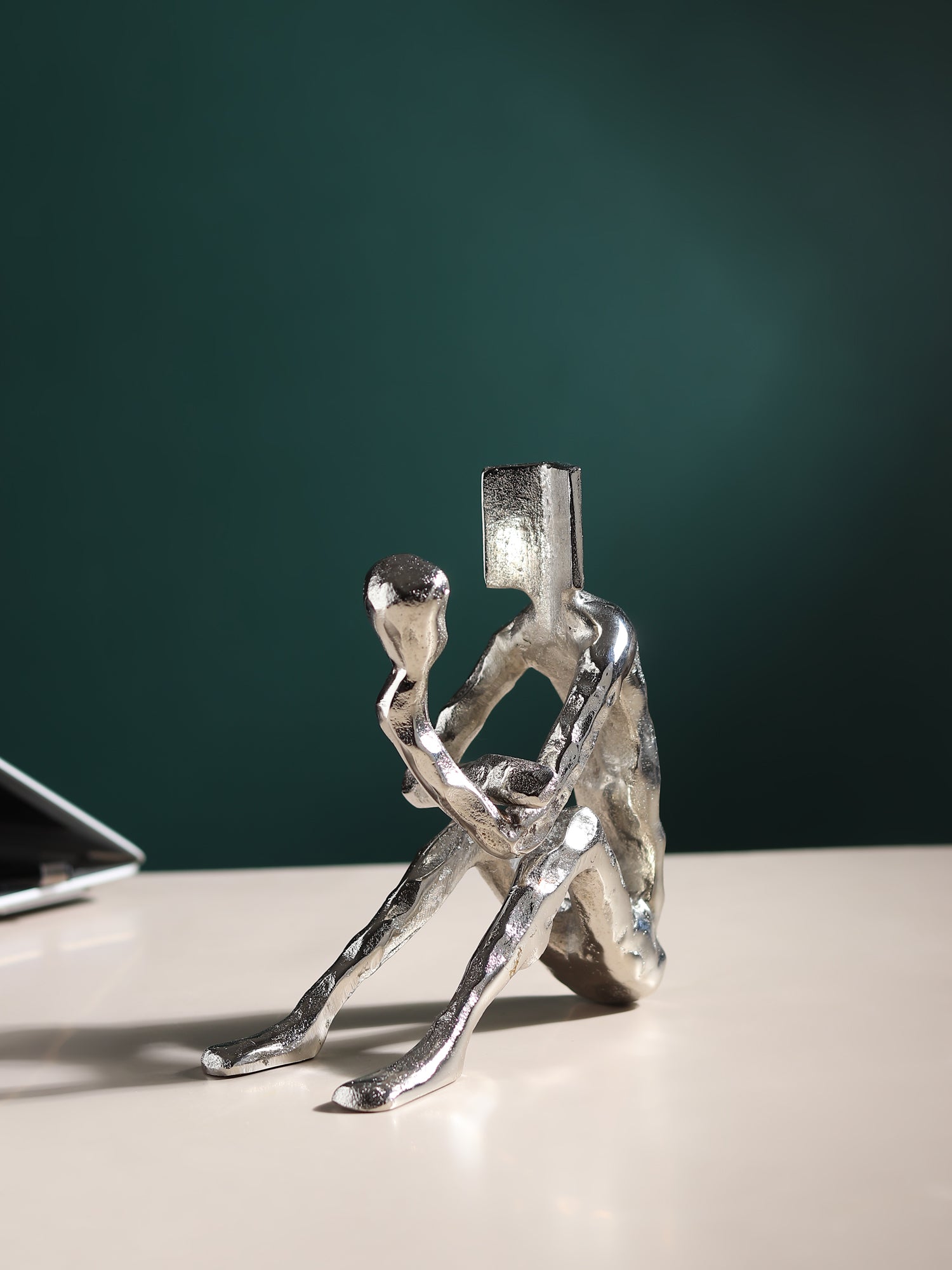 Pensive Reader Decorative Sculpture | Gold Aluminium Reading Figurine for Bookshelf & Home Décor