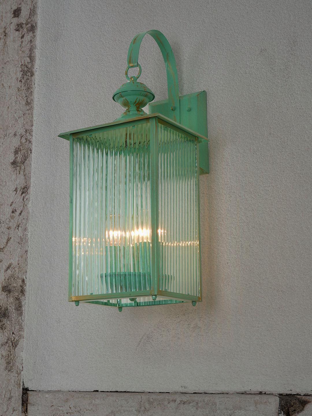 Coastal Green 22 Inch Dual-Light Steel Exterior Hanging Wall Lamp With Fluted Glass Panels