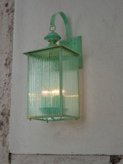 Coastal Green 22 Inch Dual-Light Steel Exterior Hanging Wall Lamp With Fluted Glass Panels