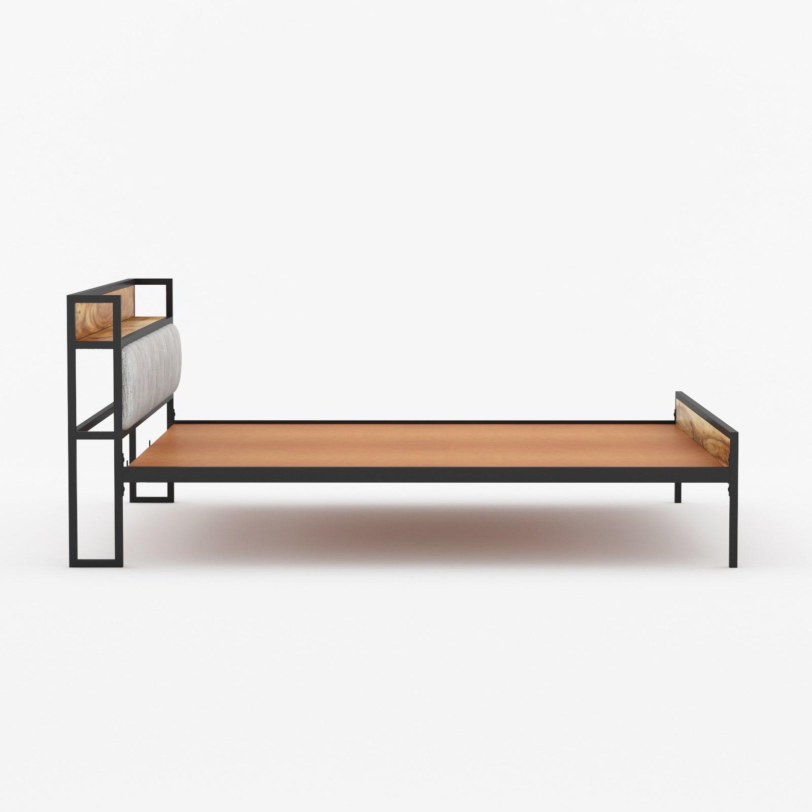 Pixel Wooden King Bed with Functional Headboard | Metal + Acacia Wood