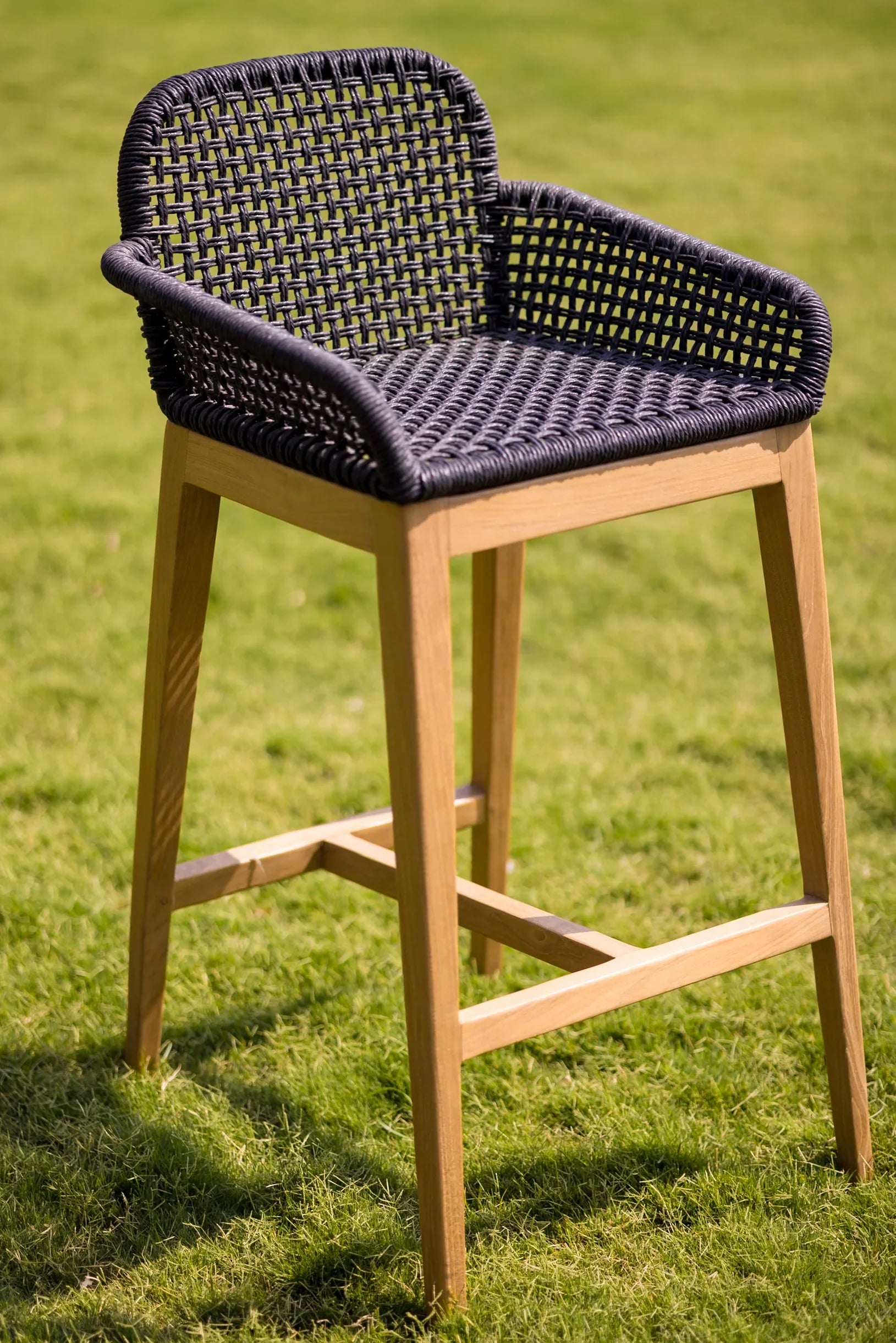 Alma Teakwood Bar Stool chair with Wicker Accents | Indoor & Outdoor Wooden Chair