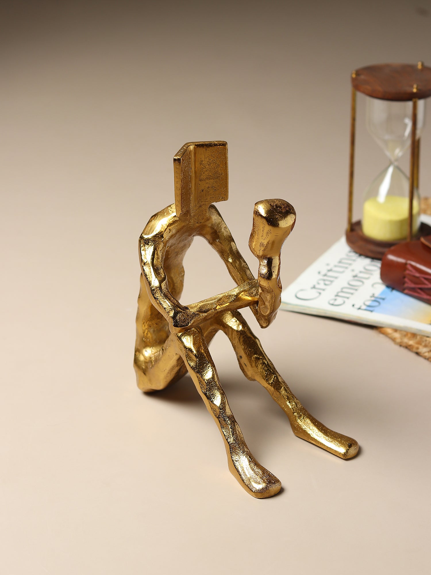 Pensive Reader Decorative Sculpture | Gold Aluminium Reading Figurine for Bookshelf & Home Décor