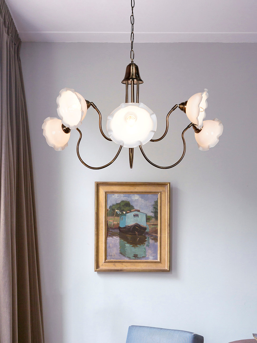 Adjustable Transitional Chandelier | 6-Light in White Frilled Glass