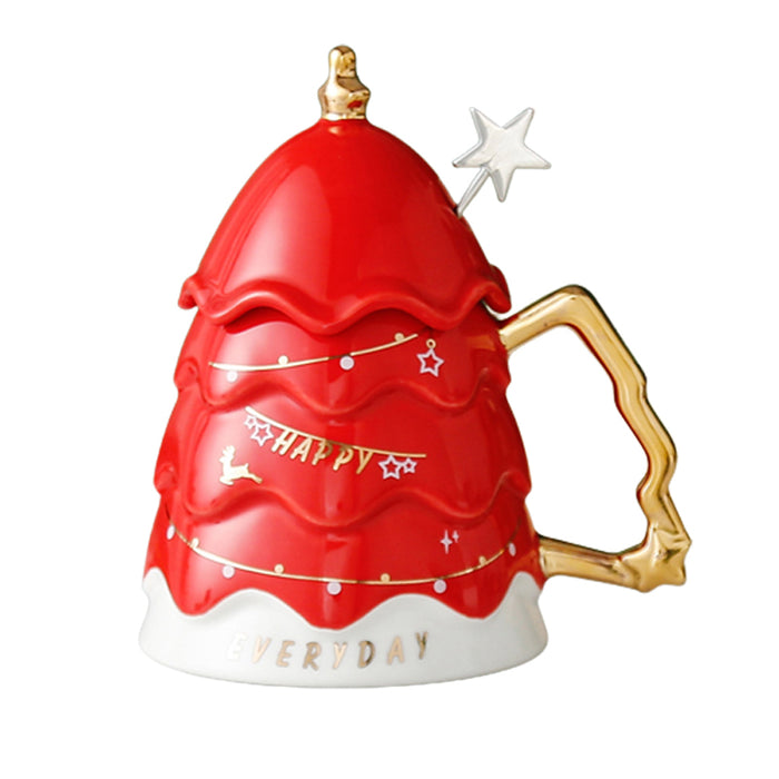 Merry Christmas Ceramic Coffee and Hot Chocolate Mug Christmas Tree Style Cup With Matching Ceramic Lid And Embellished Spoon - 330 ml