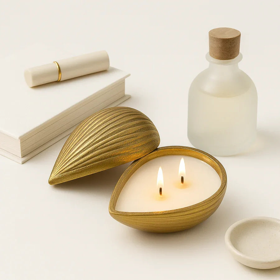 Premium Golden Almond-Shaped Candle with Lid | Pre-Filled Aroma Wax | Decorative Metal Container