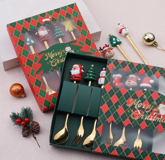 Christmas Folk And Spoon Gold Set | Premium Golden Dessert Spoon and Fork Set