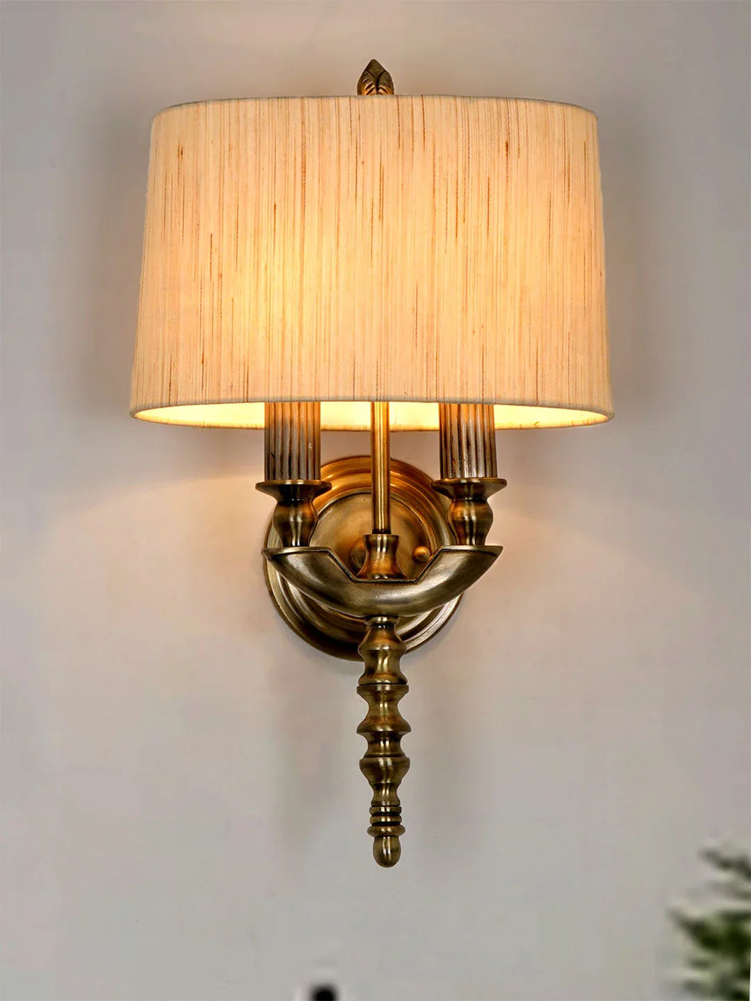 Antique Brass Victorian 23 Inch Dual-Light Aluminium Wall Lamp With Rounded Square Cream Textured Fabric Shade