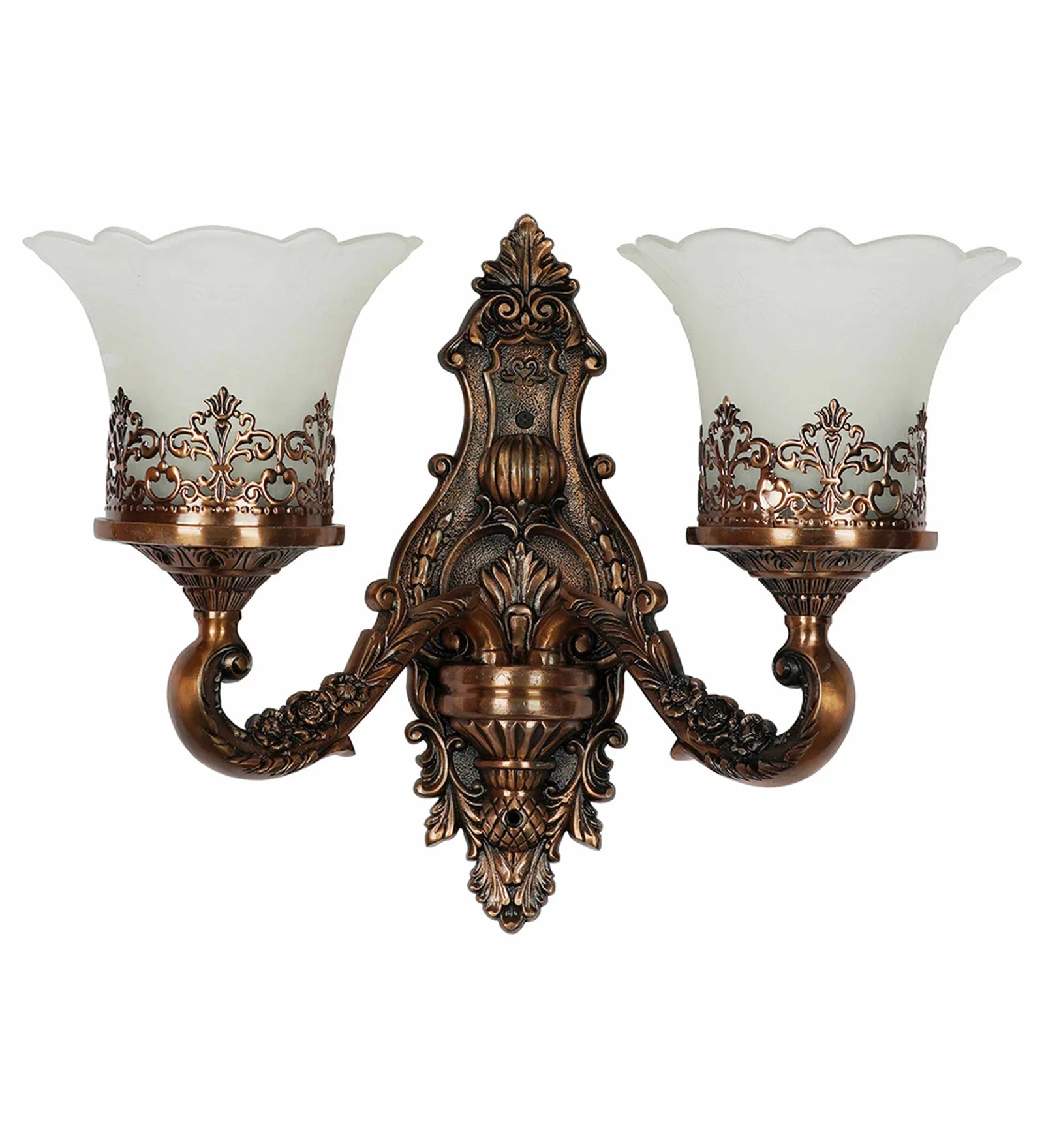 Antique Copper Finish Classic 2-Lights Aluminium Wall Lamp With Adorned Translucent Glass Shades