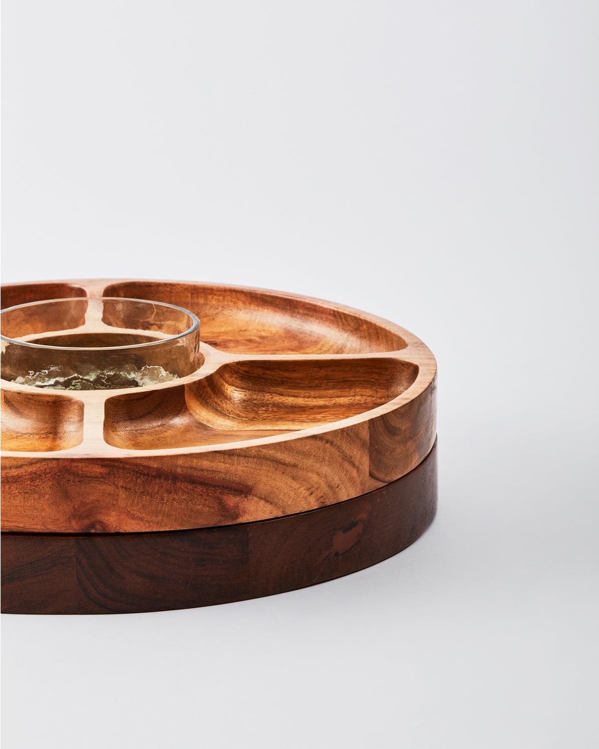 Natural Acacia Wood Snacks Serving Platter | Wooden Chip & Dip Platter with 1 Pc Glass Bowl