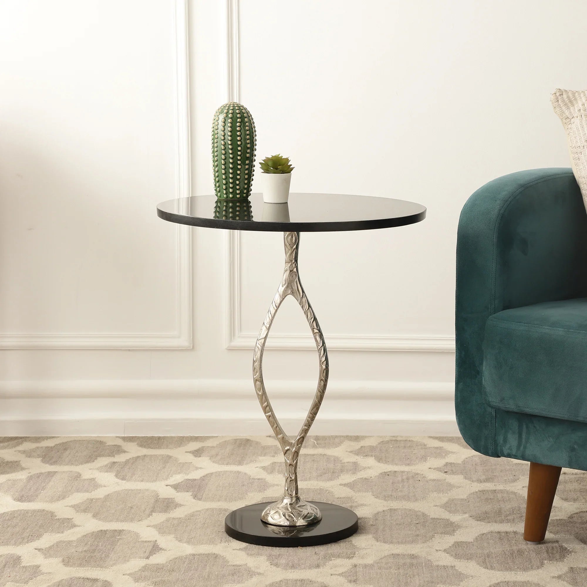 Round Silver Marble Top Table Side Table | Handcrafted Accent Table for Living Room