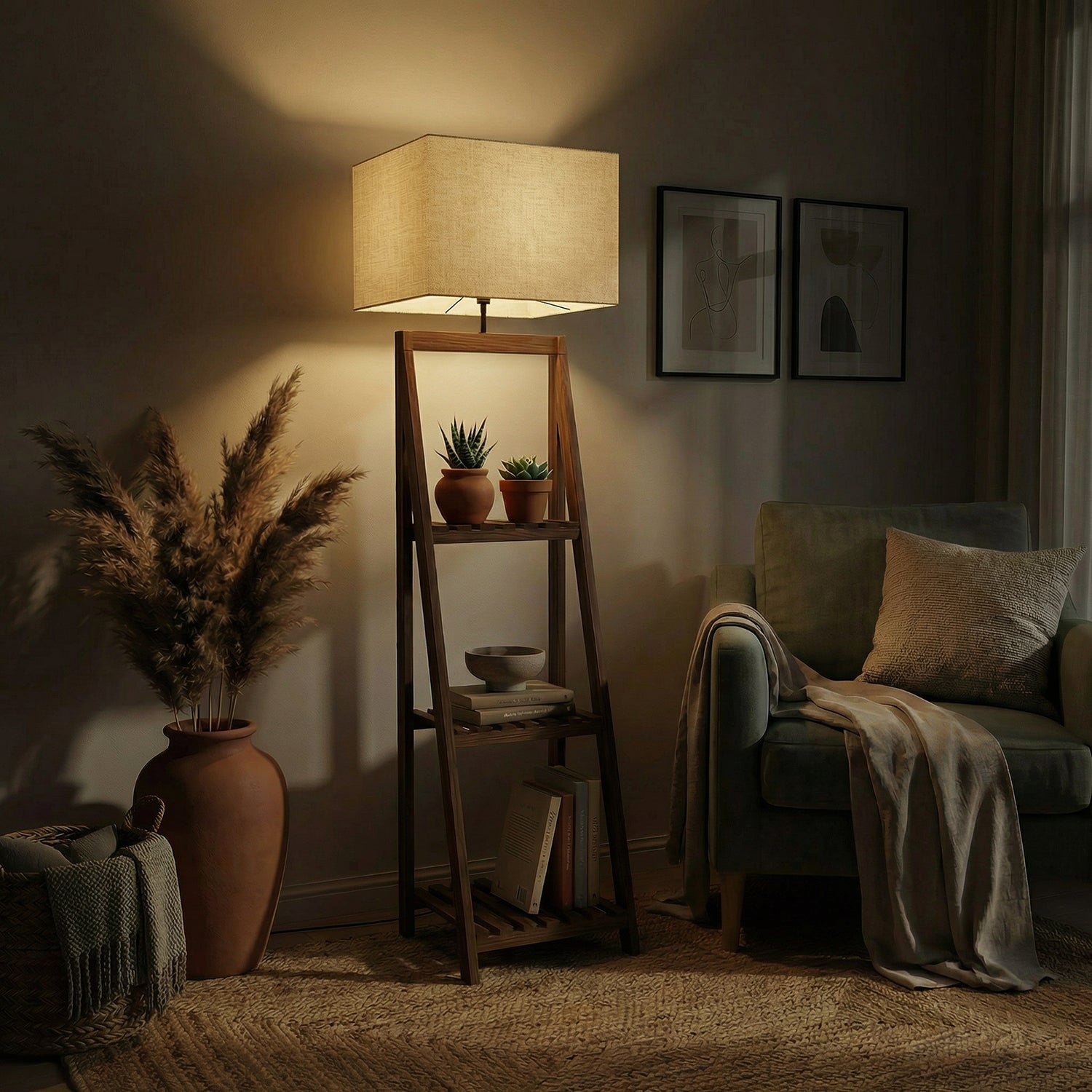 Raphael Wooden Floor Lamp with Jute Fabric Lampshade | Elegant Lighting