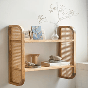 Rattan Mango Wood Wall Rack | Wooden Wall Shelves for Living Room