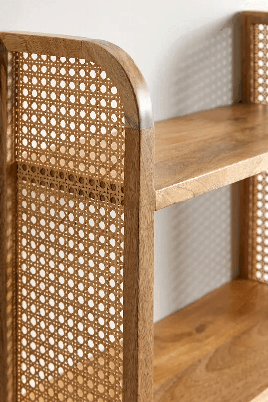 Rattan Mango Wood Wall Rack | Wooden Wall Shelves for Living Room