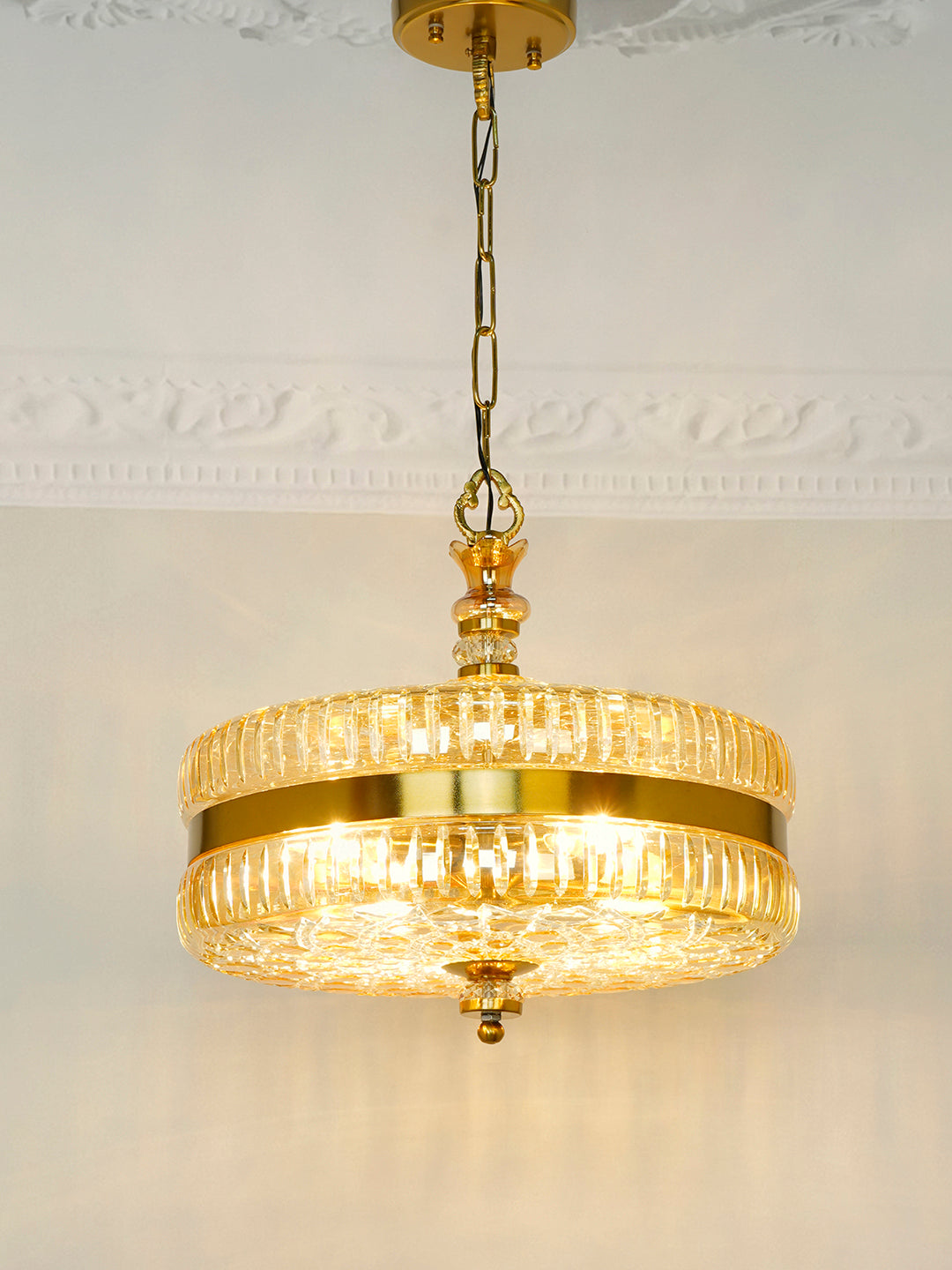 16-Inch Gold Round Hand-Cut Glass Hanging
  Light | Transitional 4-Light Brass Pendant with Golden Luster Finish