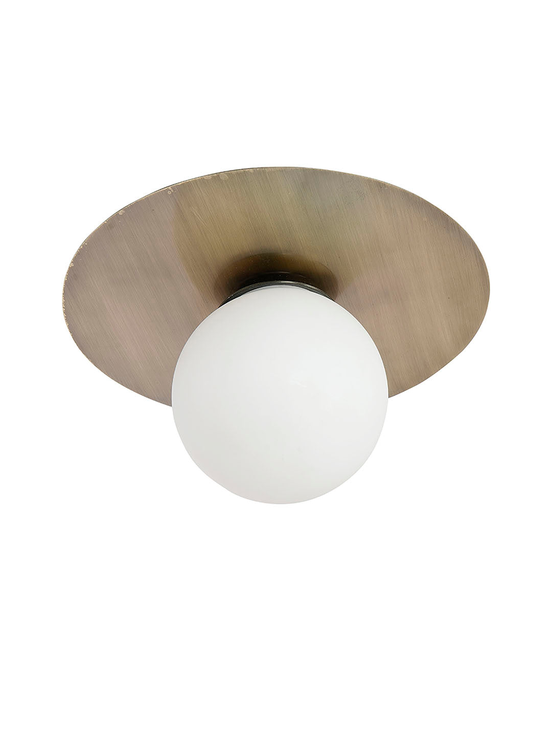 Modern Antique Brass Disc Ceiling or Wall Light with Frosted Globe