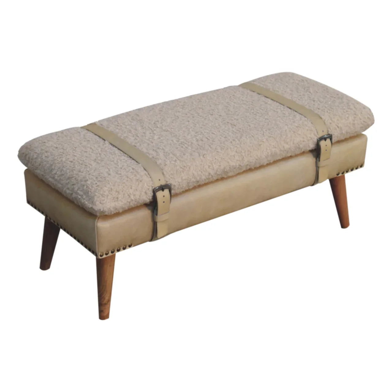 Boucle & Mahogany Leather Bench | Wooden Bench with Nordic Legs | Mango Wood Sitting Bench