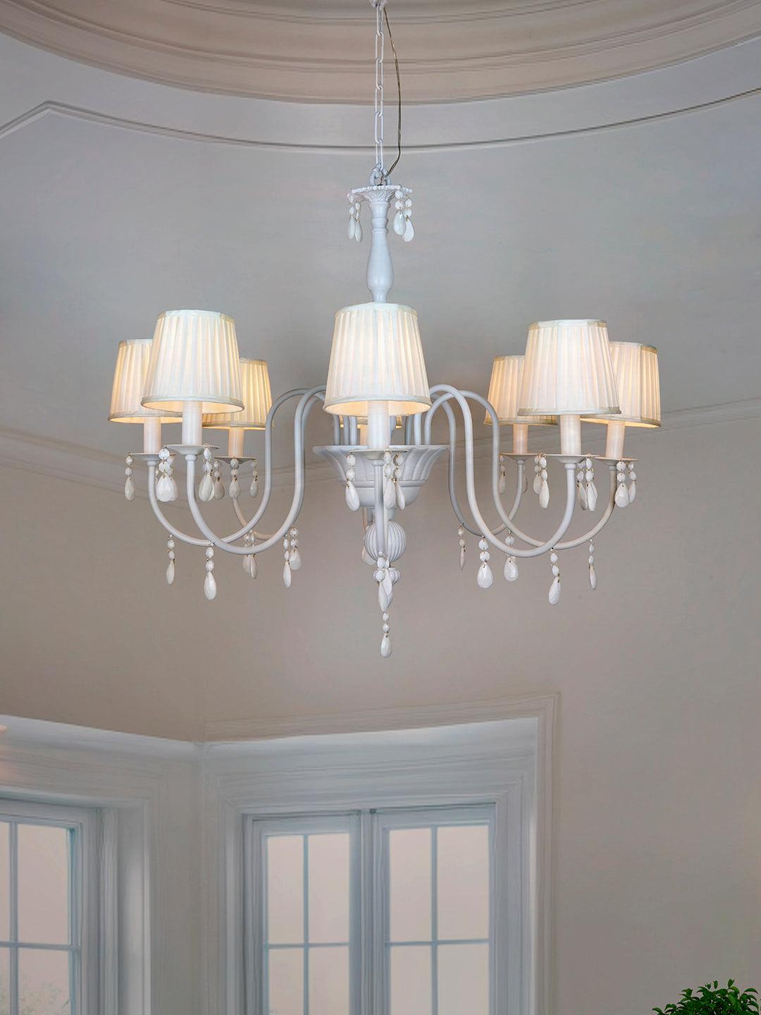 Crystal Elegance: White Chandelier with Pleated Shades - Neoclassical Meets Modern