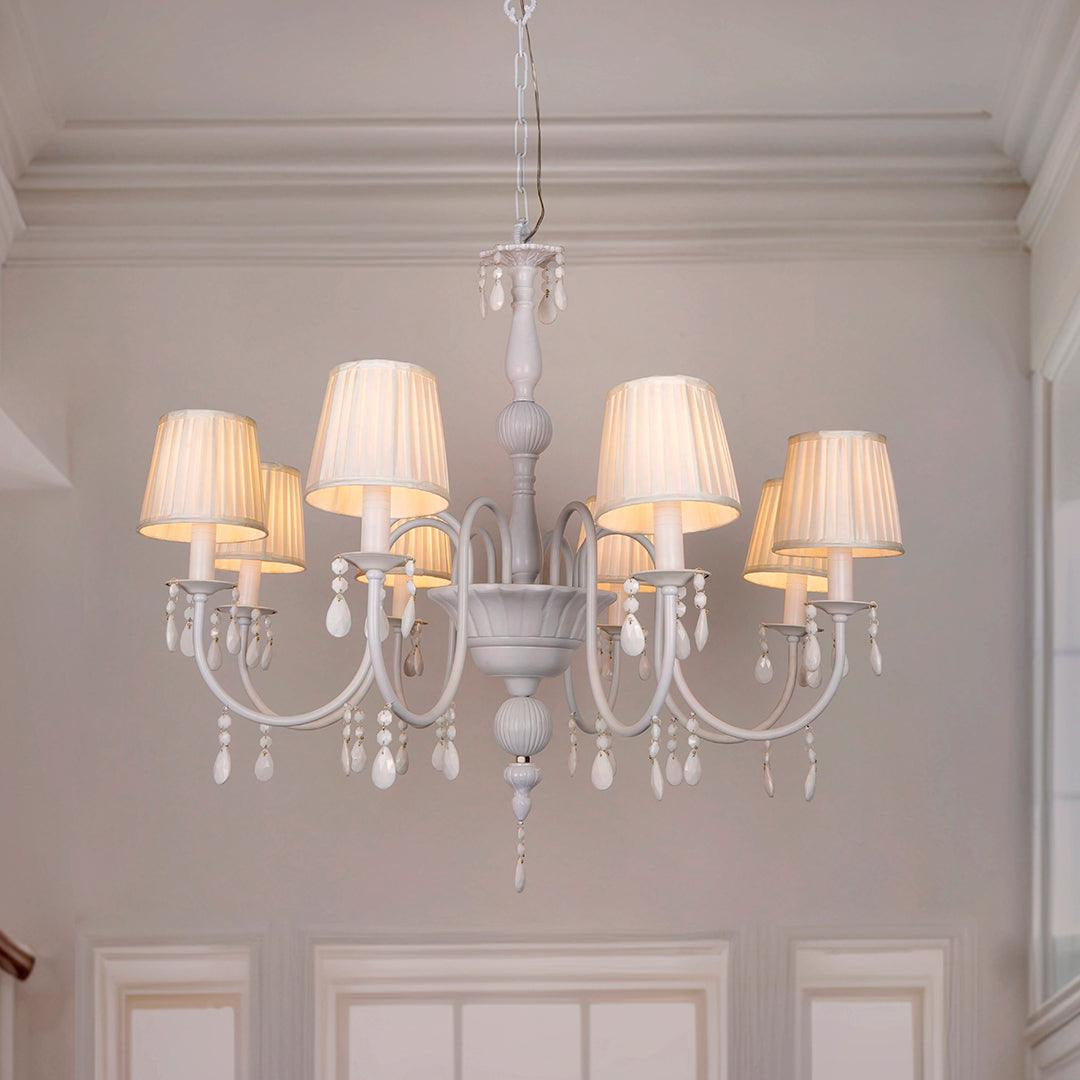 Crystal Elegance: White Chandelier with Pleated Shades - Neoclassical Meets Modern