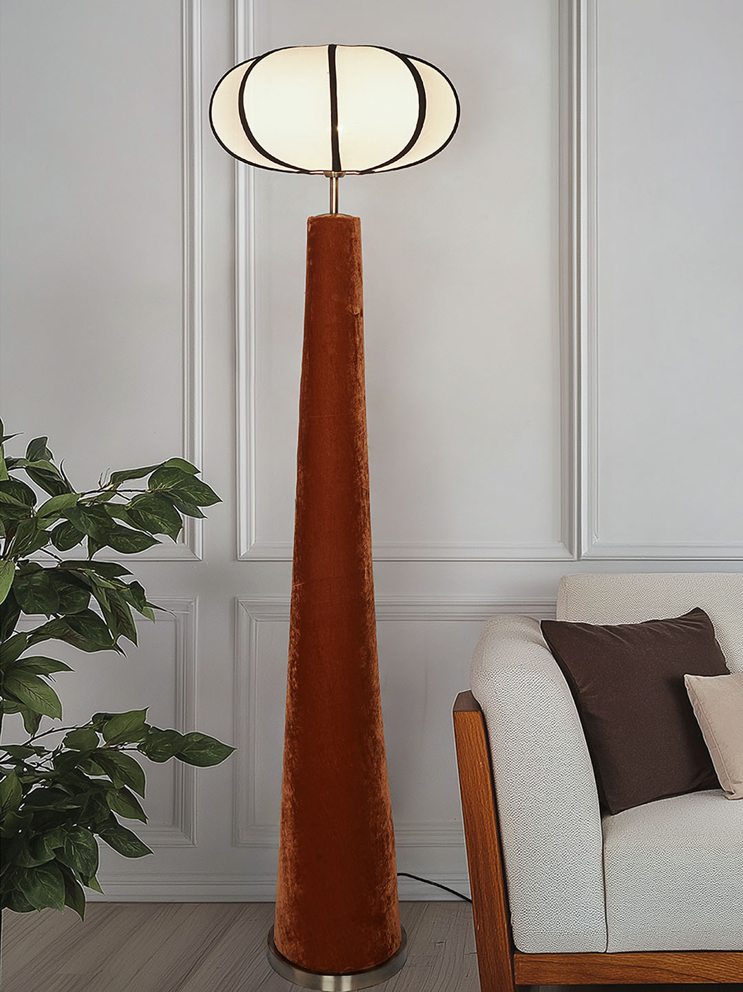 Modern Orange Velvet Conical Floor Lamp
  with Ivory Pumpkin Shade